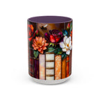 Floral Stained Glass Style Book Mug, Bookshelf Floral Ceramic Mug 15oz, Elegant Book Lover Gift, Garden Book Lover Gift