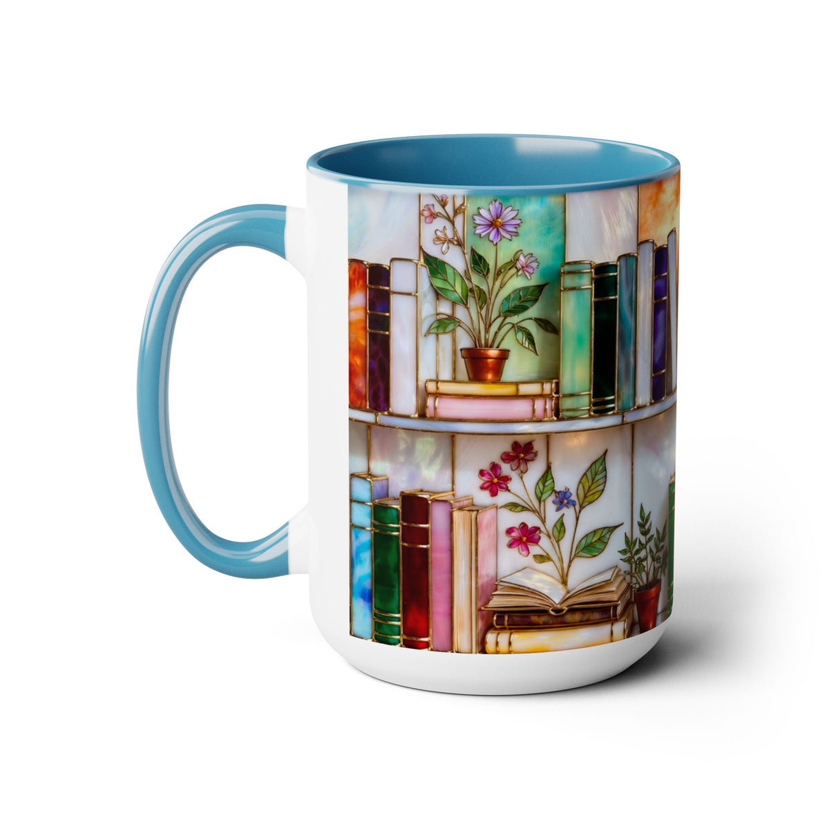 Floral Bookshelf Coffee Mug, Bookish Stained-Glass Style Mug, Book Lover Gift, Library Aesthetic Cup, Teacher Gift, Reading Mug 15oz