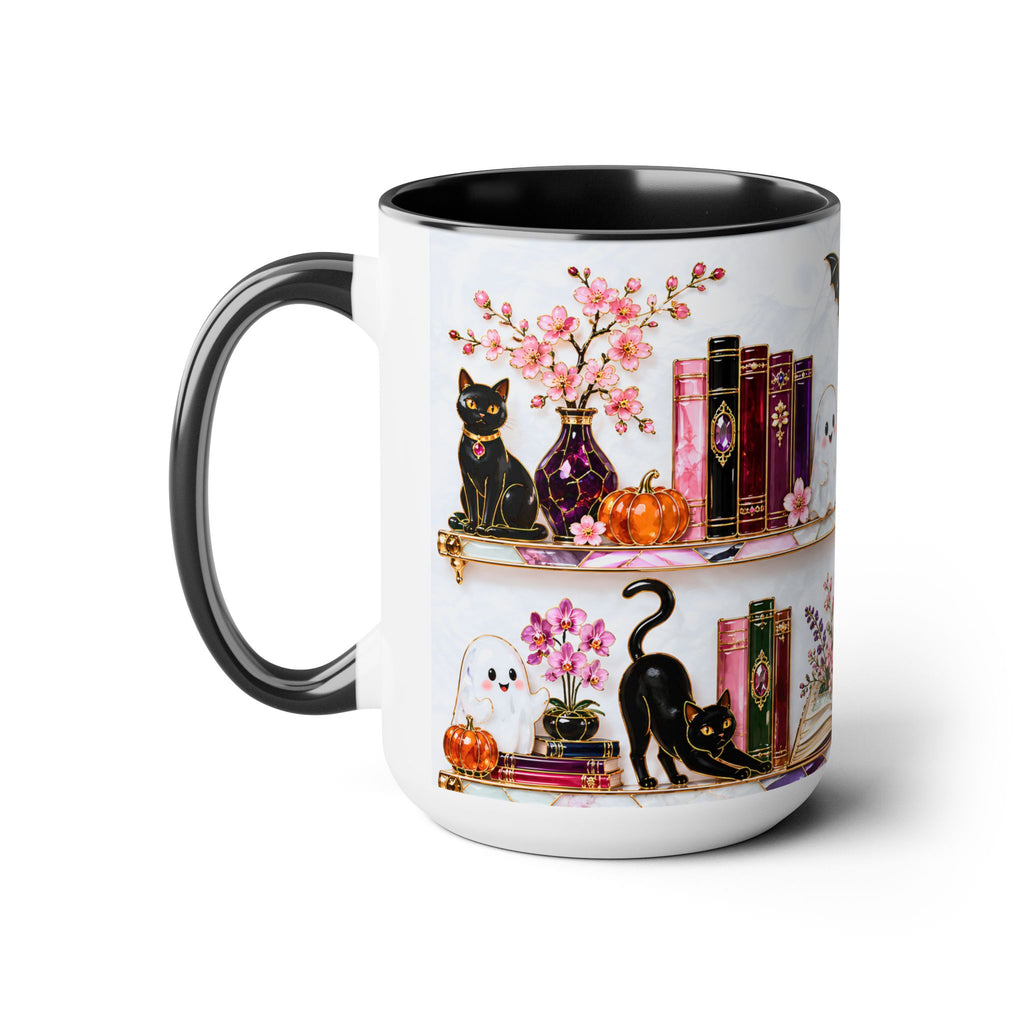 Halloween Ghost Bookshelf Mug, Black Cat Coffee Mug, Book Lover Gift, Witchy Ghost Mug, Spooky Library Cup, Fall Mug, Dark Academia Mug