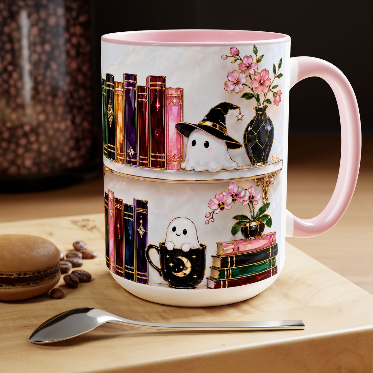 Halloween Ghost Bookshelf Mug, Black Cat Coffee Mug, Witchy Ghost Mug, Book Lover Gift, Spooky Library Mug, Pink Floral Bookshelf Mug 15oz