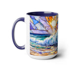 Stained Glass Style Ocean Wave Mug, Colorful Coastal Coffee Cup, Beach Sunrise Ceramic, Ocean Lover Gift Cup 15oz
