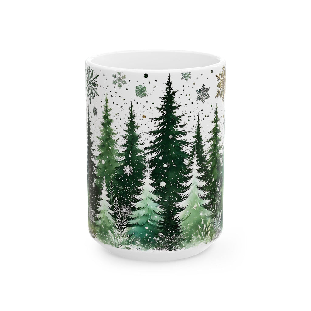 Snowy Pine Tree Winter Scene Mug, Evergreen Mug, Winter Themed Forest Coffee Mug, Cozy Christmas Gift for Forest Lovers, Holiday Gift 15oz