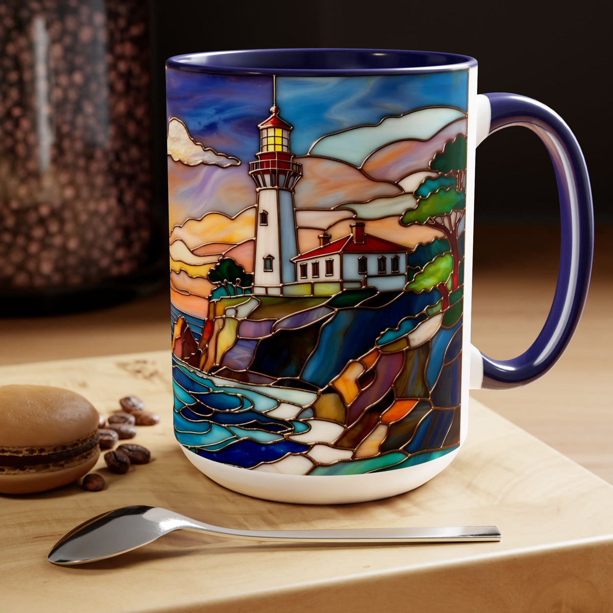 Lighthouse Sunset Mug, Coastal Stained Glass Style Coffee Cup 15oz, Nautical Coffee Mug