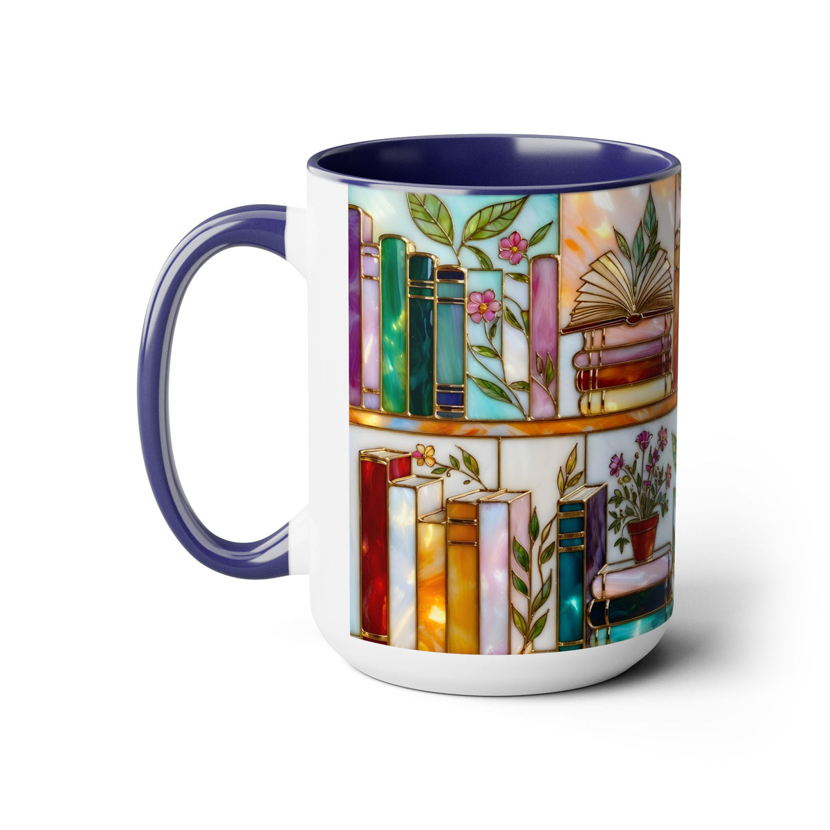Floral Book Mug, Bookish Stained-Glass Style Mug, Book Lover Gift, Library Aesthetic Cup, Teacher Gift, Reading Mug 15oz