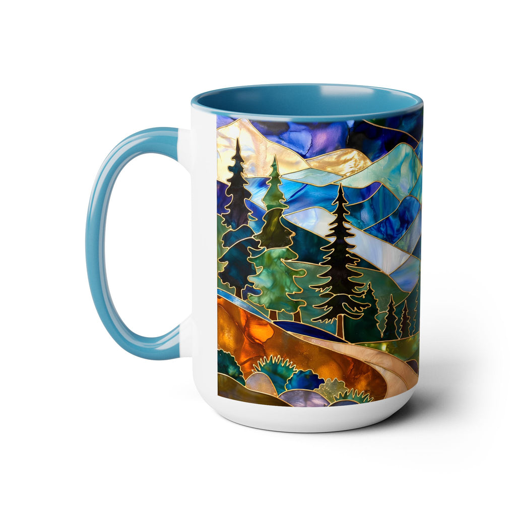 Stained Glass Style Mountain Camper Mug, Camping Coffee Cup, Outdoor Adventure Mug, Nature Lover Gift, Fathers Day Mug, Forest Landscape Cup