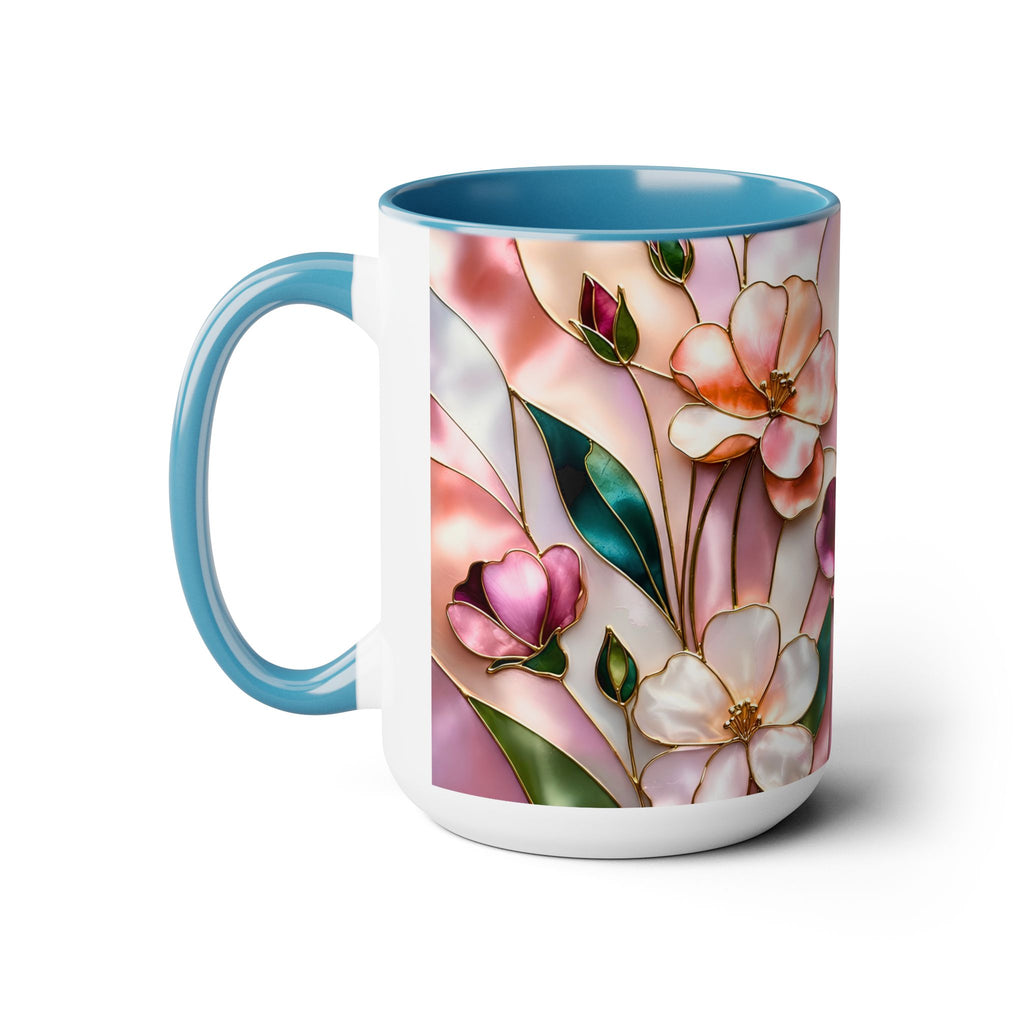 Stained Glass Style Floral Mug, 15 oz, Pink & Burgundy Flowers Floral Art Coffee Cup 15oz