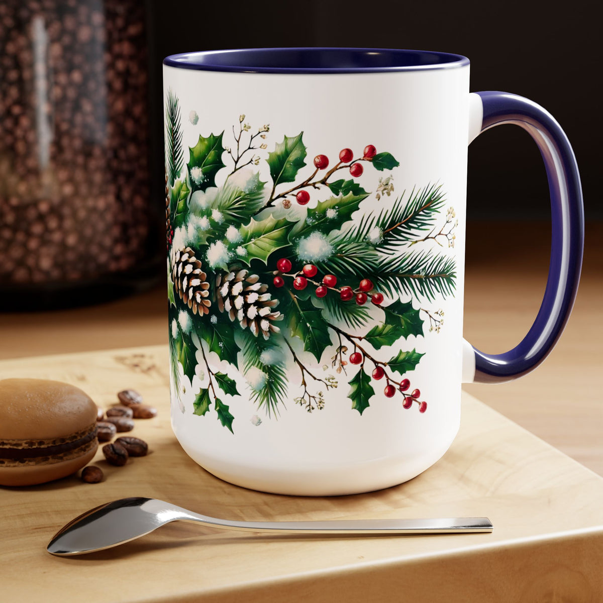 Snowy Garland Coffee Mug, Christmas Wreath Mug, Winter Holiday Ceramic Mug, Festive Garland Drinkware, Holiday Season Classy Mug Gift 15oz