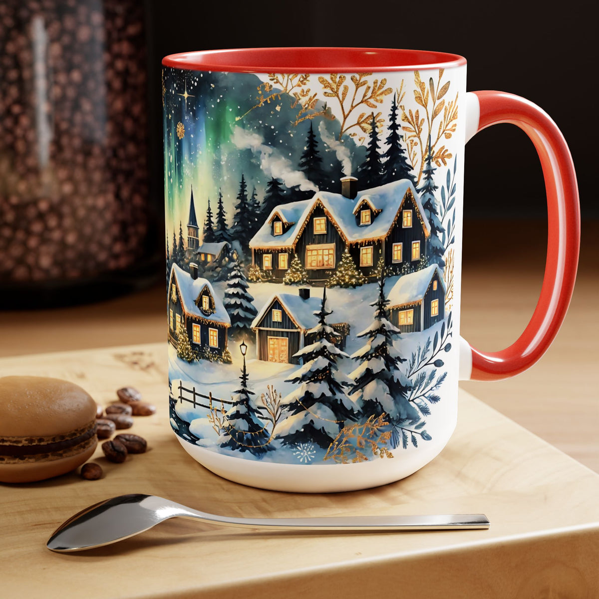 Christmas Village Mug, Christmas Cabin Mug, Merry Christmas Mug, Winter Mug, Unique Christmas Gift, Big Mug, Vintage Style Mug 15oz