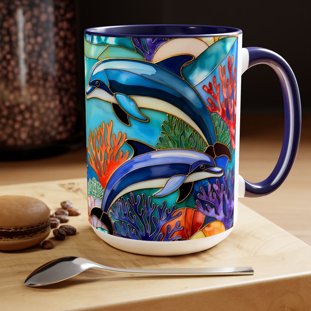 Dolphin Mug, Stained Glass Style Mug, Ocean Lover Gift, Ocean Lover Cup 15oz