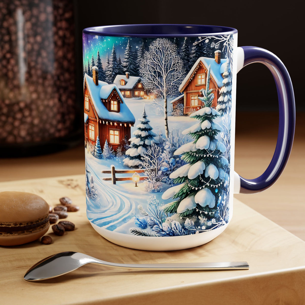 Christmas Mug, Christmas Nordic Village Mug, Christmas Cabin Mug, Aurora Winter Mug, Unique Christmas Gift, Big Mug, Vintage Style Mug 15oz