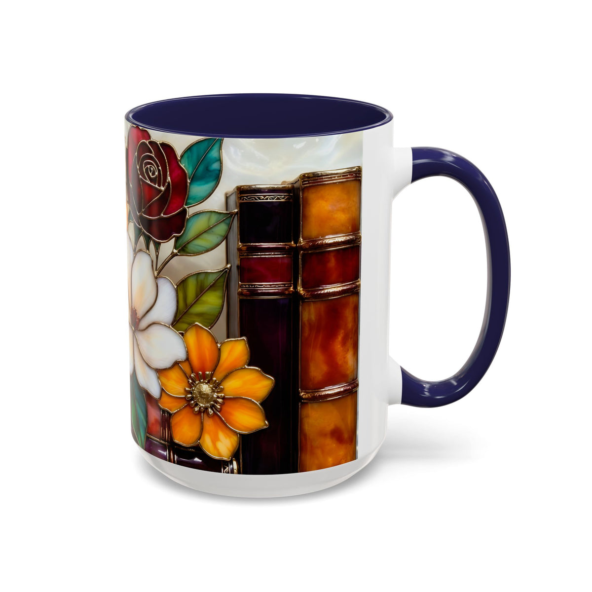 Floral Bookshelf Mug, Stained Glass Style Flowers & Bees Mug 15oz, Garden Book Lover Gift