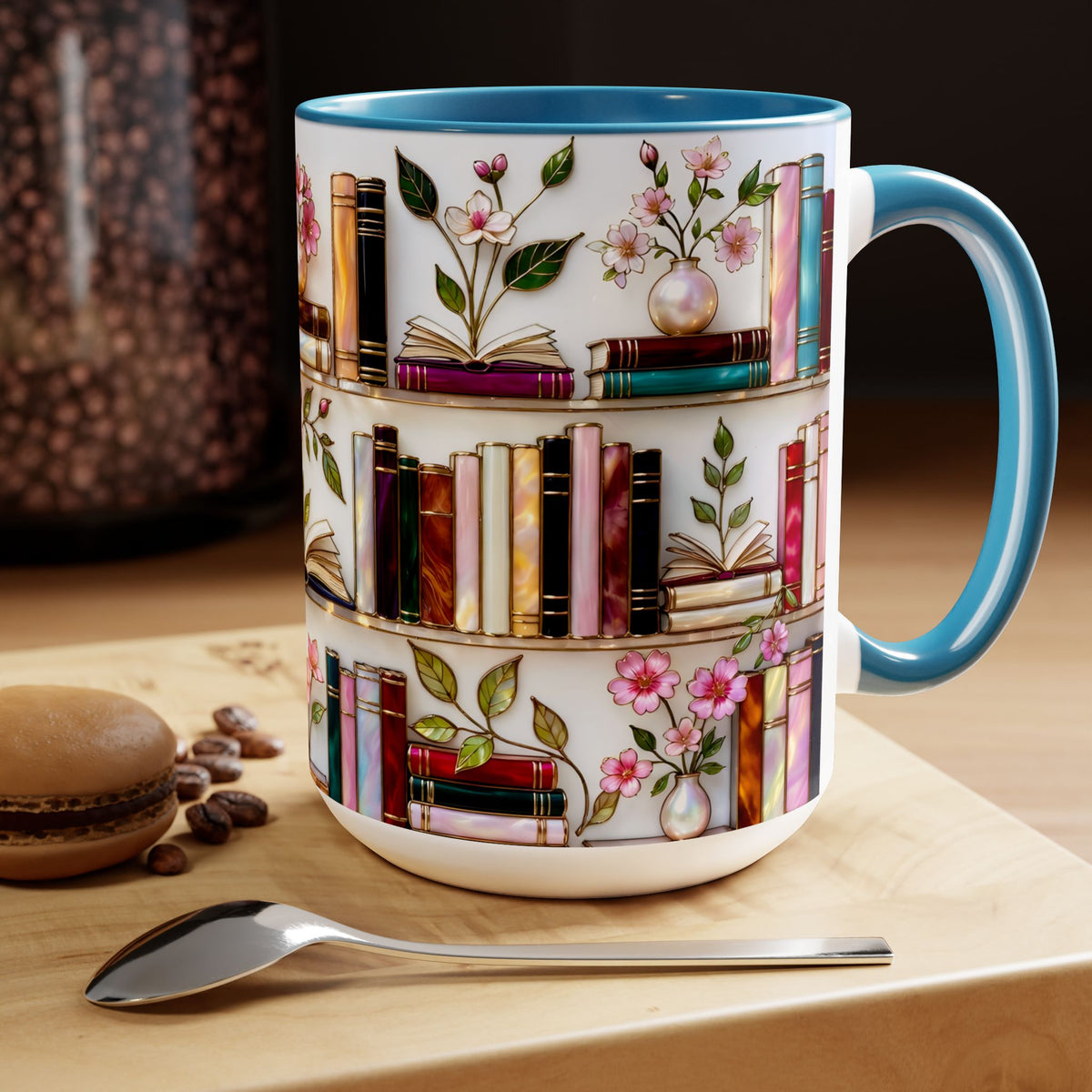 Stained Glass Bookshelf Mug, Book Lover Gift, Floral Bookish Cup, Library Aesthetic Mug, Ceramic Accent Mug, Reader Gift, Cozy Book Mug