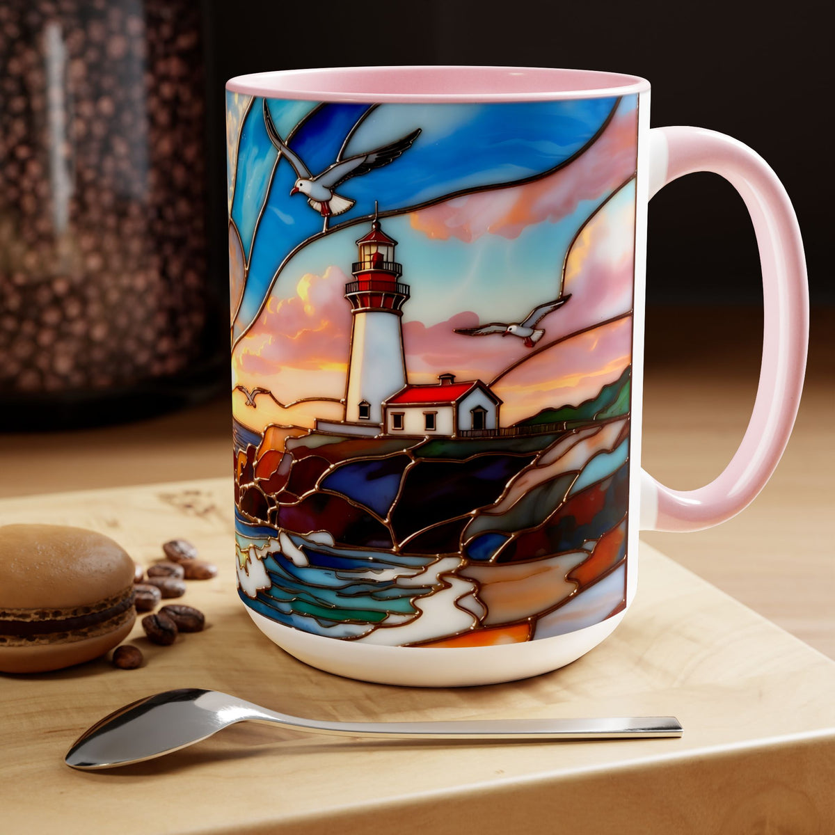 Lighthouse Sunset Mug, Coastal Stained Glass Style Coffee Cup, Nautical Coffee Mug 15oz