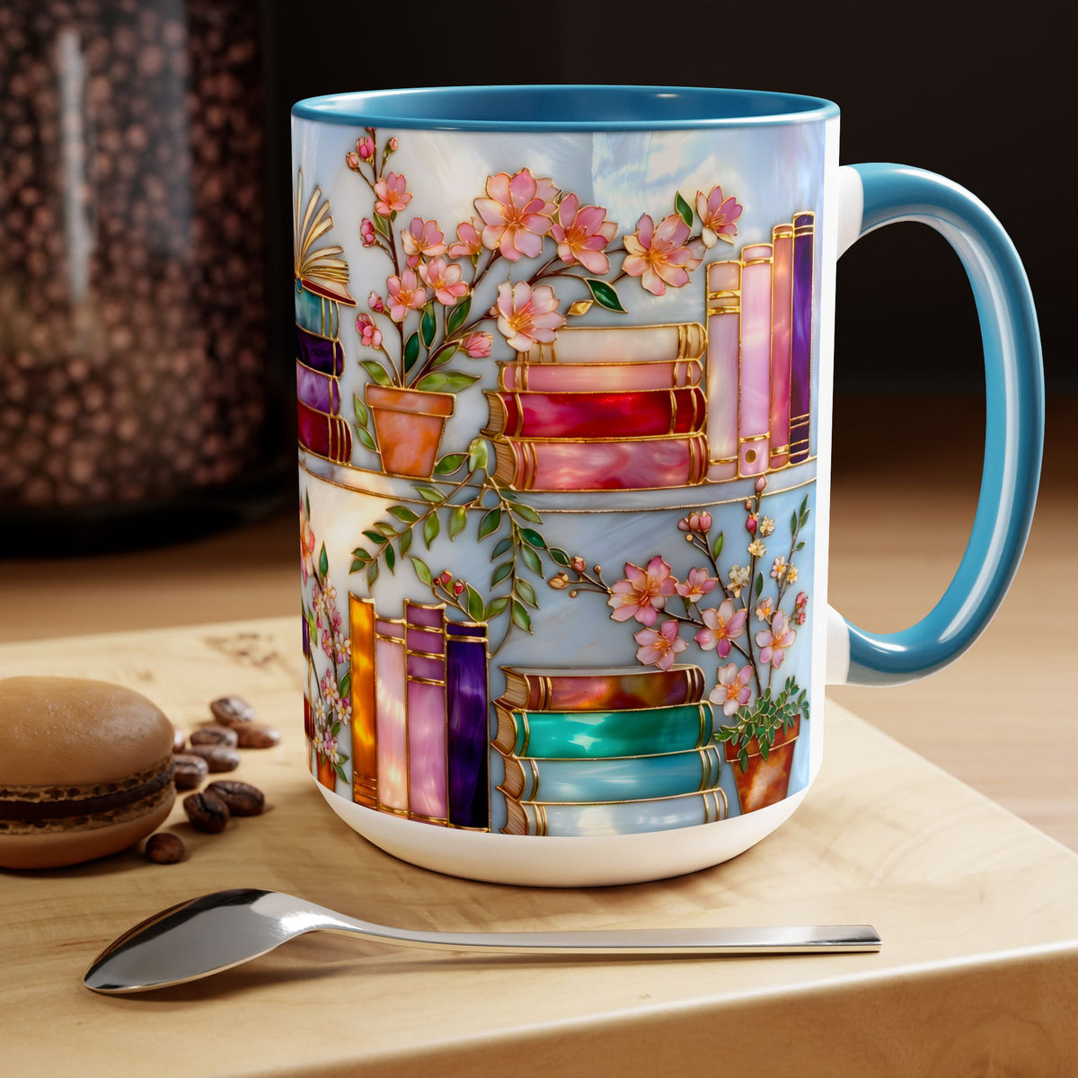 Floral Bookshelf Mug for Book Lovers, Bookish Library Coffee Cup, Black Ceramic 15oz, Stained Glass Style Design
