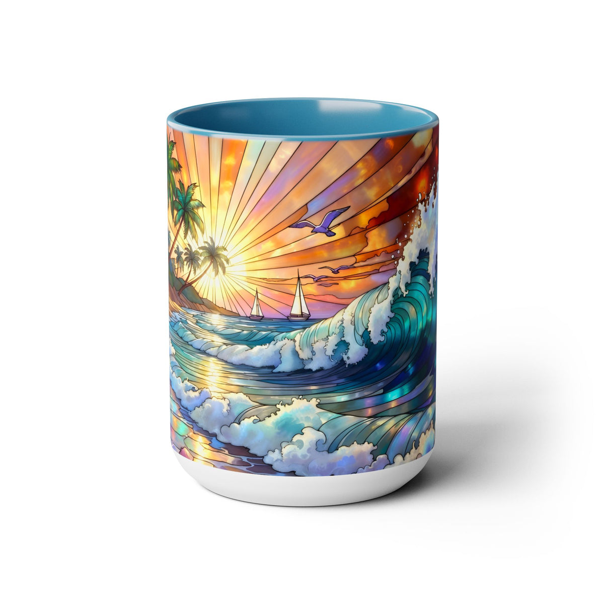 Stained Glass Style Ocean Beach Mug 15oz, Sunrise High Waves Coffee Cup, Palm Tree Coastal Art Cup, Tropical Beach Gift