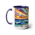 Beach Sunrise Stained Glass Style Mug, Coastal Ocean Coffee Cup, Sunrise Sea Mug, Beach Lover Cup 15oz