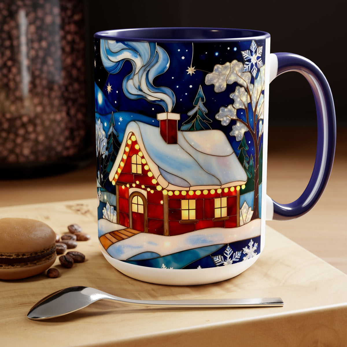 Stained Glass Christmas Village Mug, Winter Cottage Snow Scene Mug, Cozy Holiday Art Cup, Christmas Gift Mug 15oz