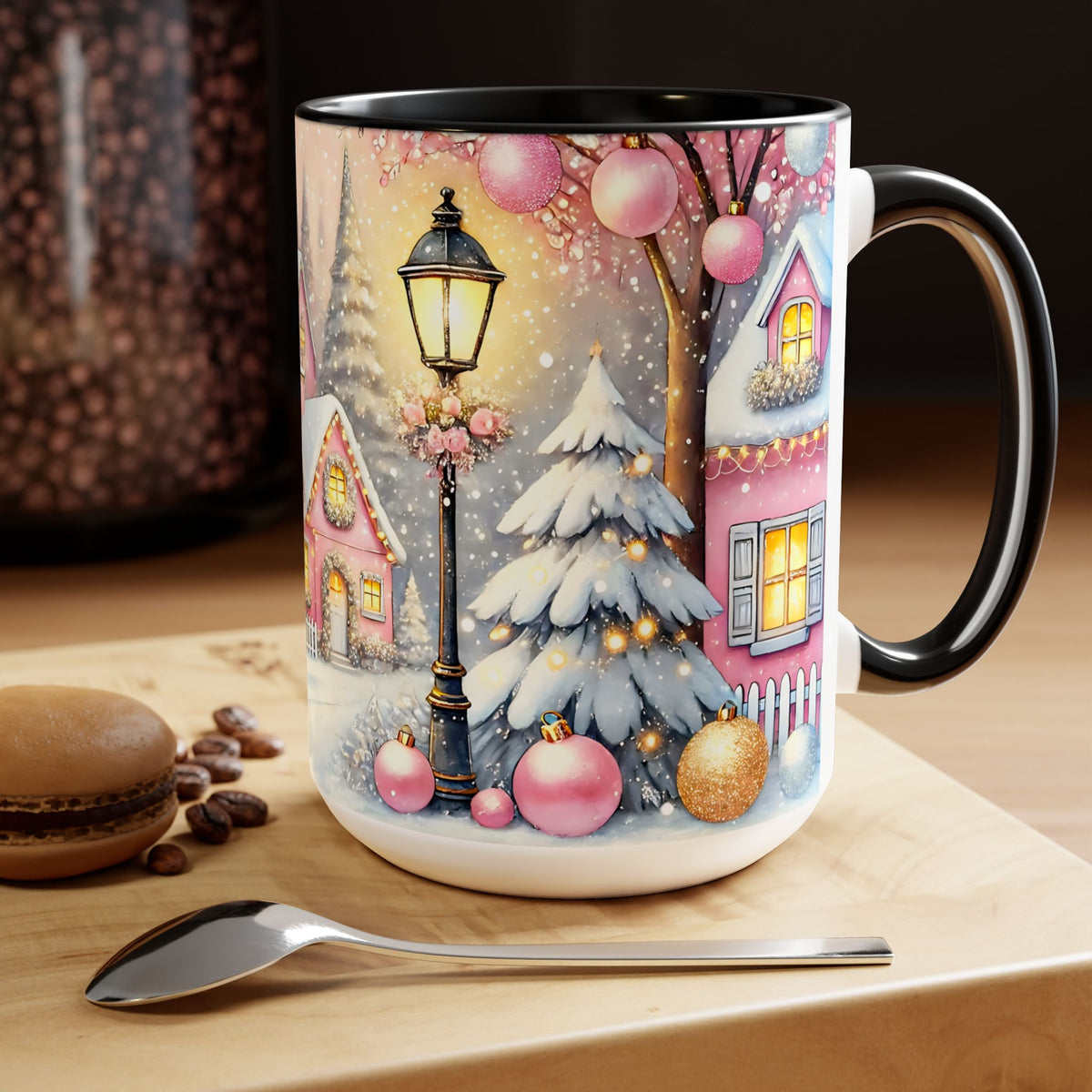 Pink Christmas Village Mug, Christmas Movie Mug, Christmas Coffee Mug Gift, Merry Christmas Mug, Winter Mug, Holiday Kitchen Decor 15 oz