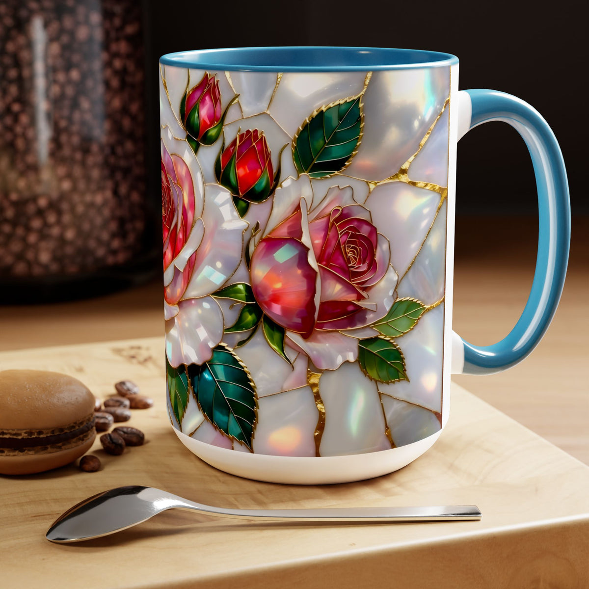 Stained Glass Style Rose Mug, Cottagecore Floral Ceramic Coffee Cup, Vintage Style Ceramic Drinkware, Boho Mug
