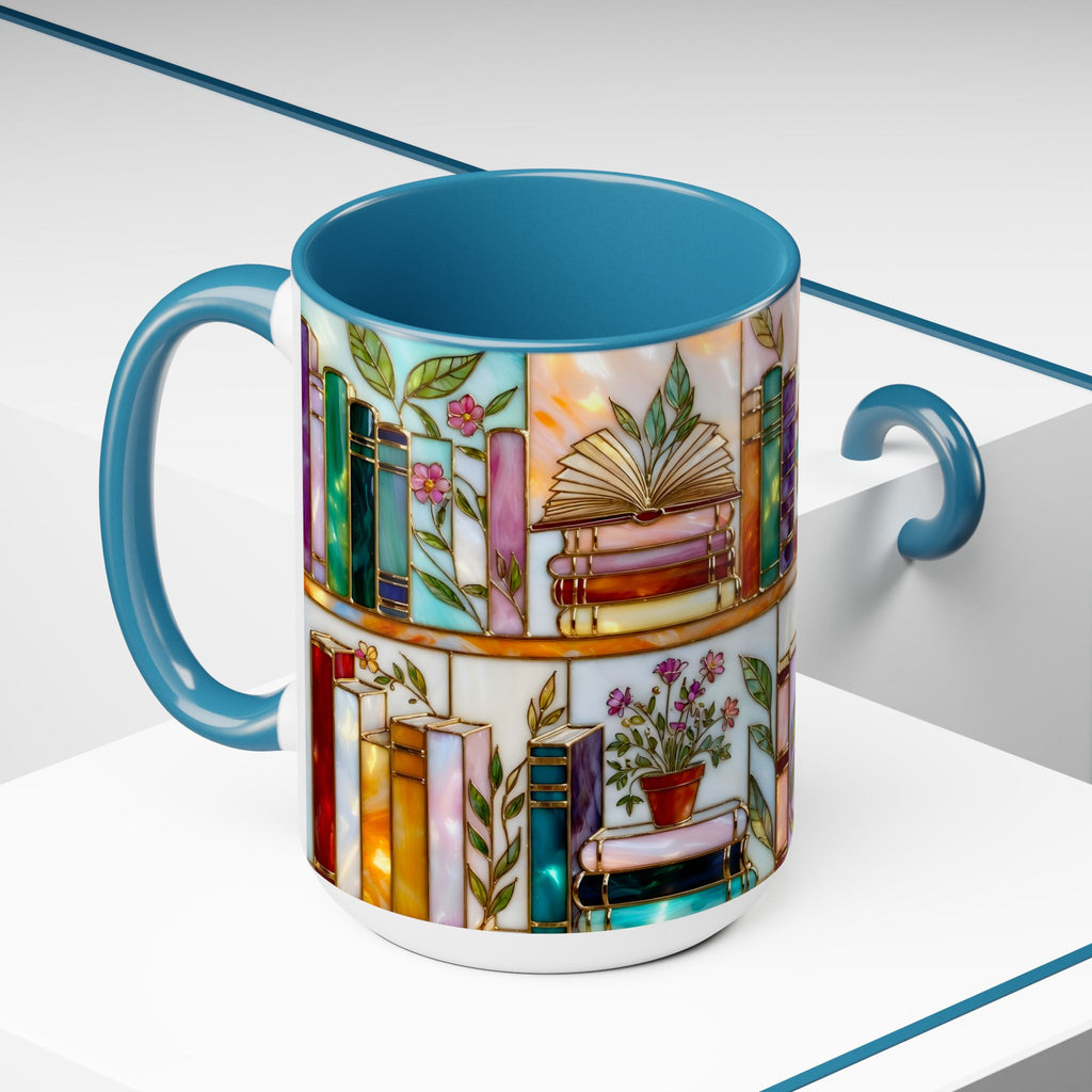Floral Book Mug, Bookish Stained-Glass Style Mug, Book Lover Gift, Library Aesthetic Cup, Teacher Gift, Reading Mug 15oz