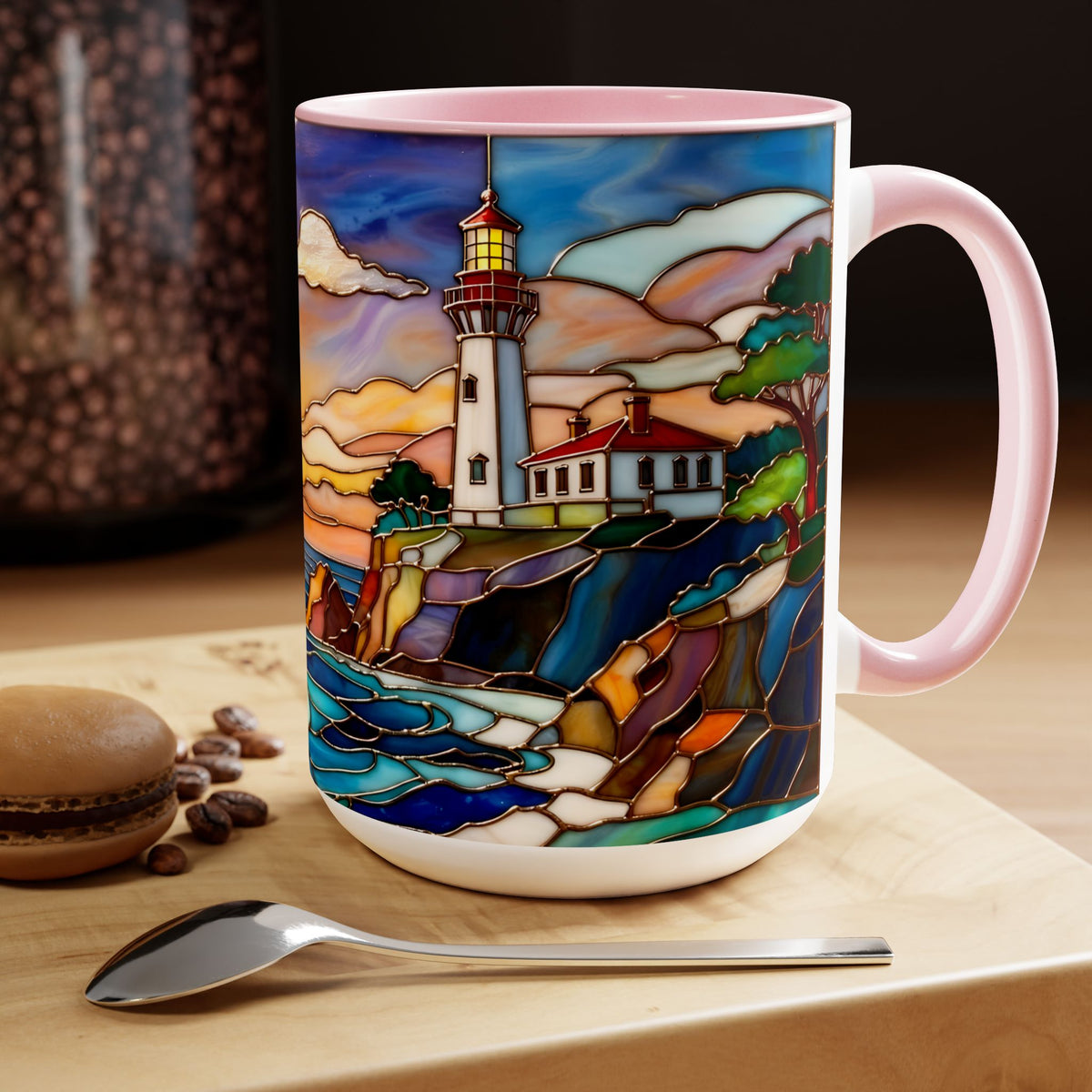 Lighthouse Sunset Mug, Coastal Stained Glass Style Coffee Cup 15oz, Nautical Coffee Mug
