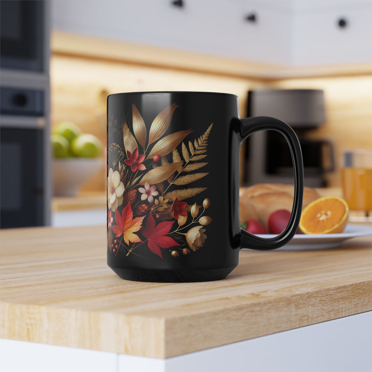 Fall Coffee Mug, Country Fall Autumn Mug, Maple Leaf Mug Pressed Flowers Leaves Style Mug Fall Colors Autumn Lover Gift Rustic Fall Mug 15oz