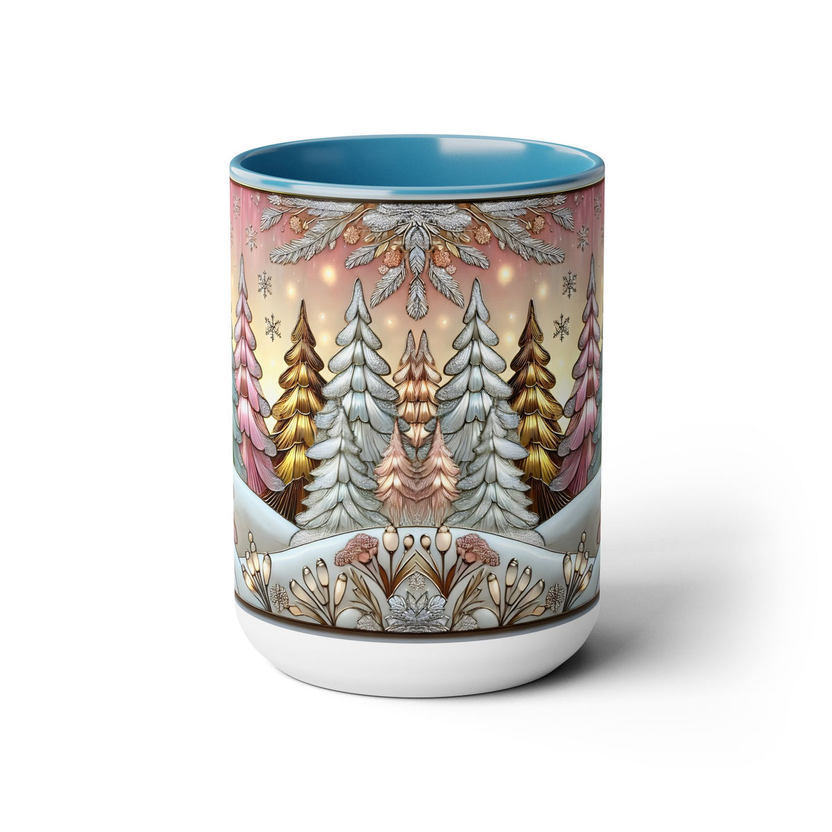 Pink Christmas Tree Mug, Stained Glass Style Forest Coffee Cup, Nature Lover Gift, Holiday Mug for Women, Winter Gift Idea