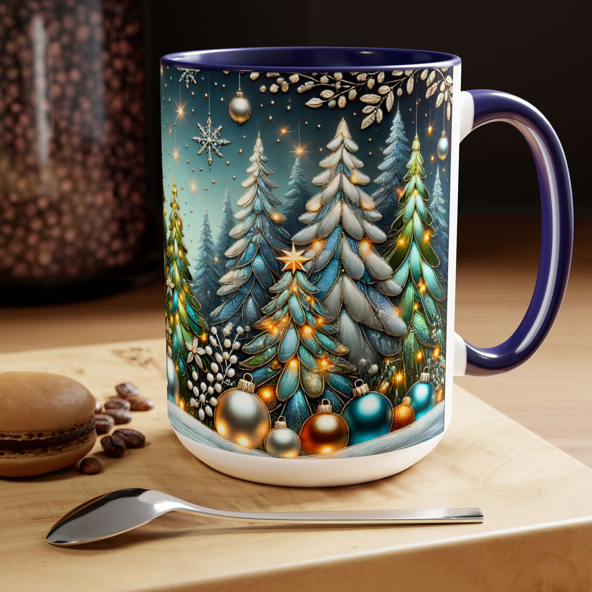 Christmas Mug, Pine Forest Mug, Stained Glass Style Coffee Cup, Winter Evergreen Tree Mug, Nature Lover Christmas Gift 15oz