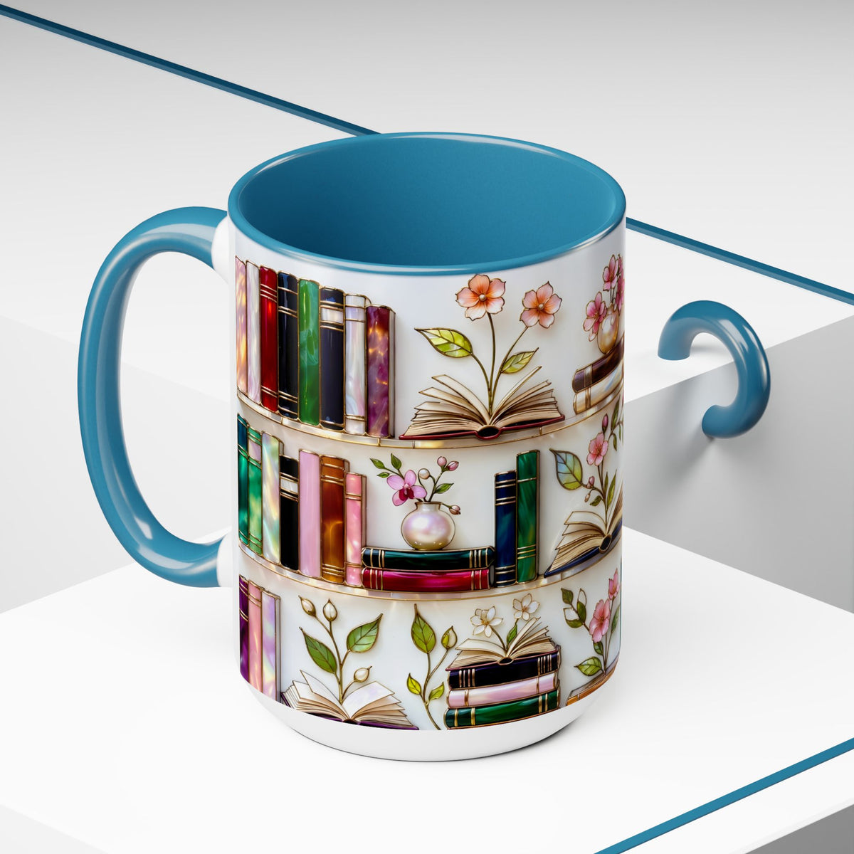 Stained Glass Bookshelf Mug, Book Lover Gift, Floral Bookish Cup, Library Aesthetic Mug, Ceramic Accent Mug, Reader Gift, Cozy Book Mug