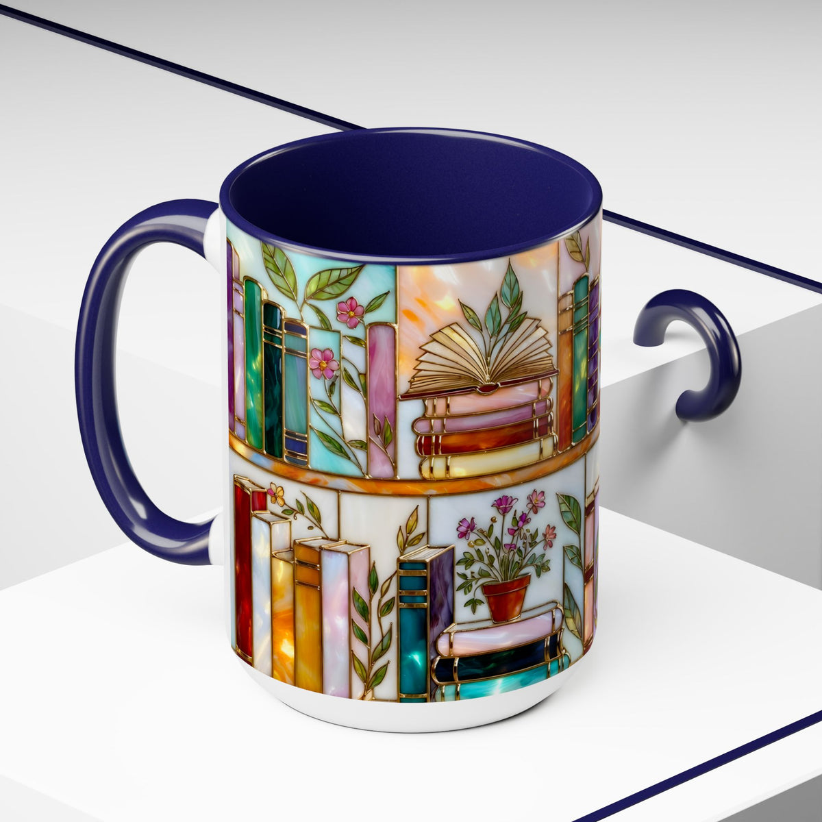 Floral Book Mug, Bookish Stained-Glass Style Mug, Book Lover Gift, Library Aesthetic Cup, Teacher Gift, Reading Mug 15oz