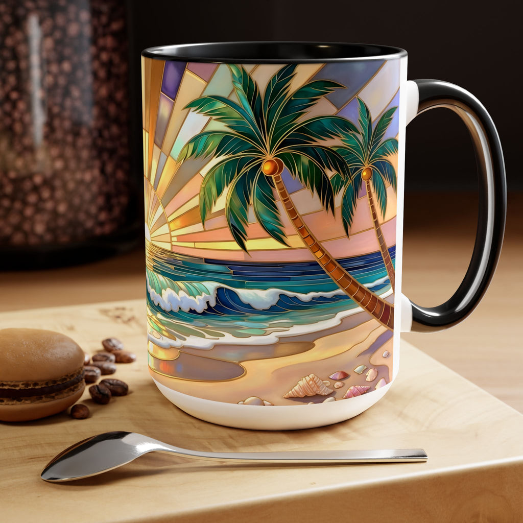 Beach Sunrise Stained Glass Style Mug, Coastal Ocean Coffee Cup, Sunrise Sea Mug, Beach Lover Cup 15oz