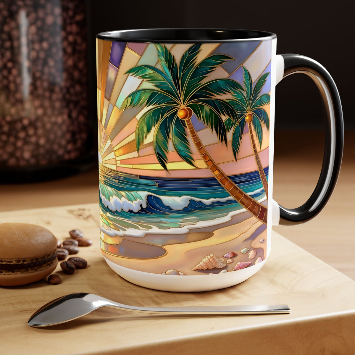 Beach Sunrise Stained Glass Style Mug, Coastal Ocean Coffee Cup, Sunrise Sea Mug, Beach Lover Cup 15oz