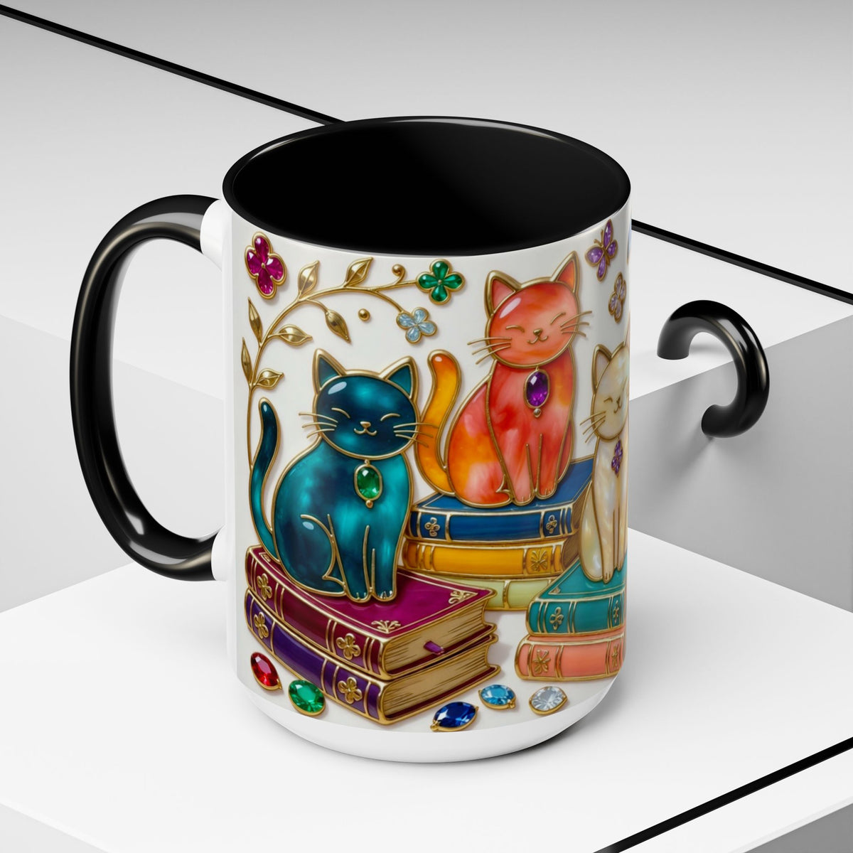 Stained Glass Style Cats Mug, Bookish Cat Art Mug, Jewel Tone Fantasy Cats Cup, Book Lover Mug 15oz