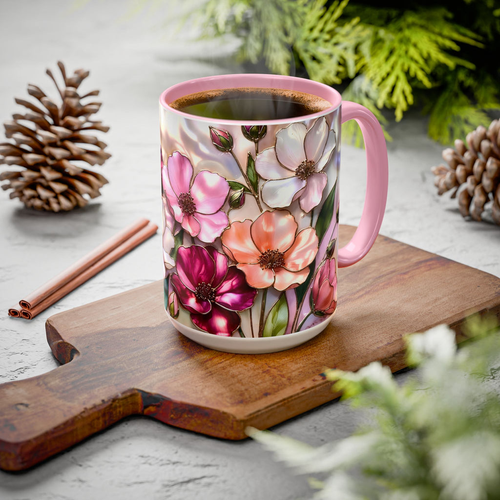 Stained Glass Style Floral Mug, 15 oz, Pink & Burgundy Flowers Floral Art Coffee Cup 15oz