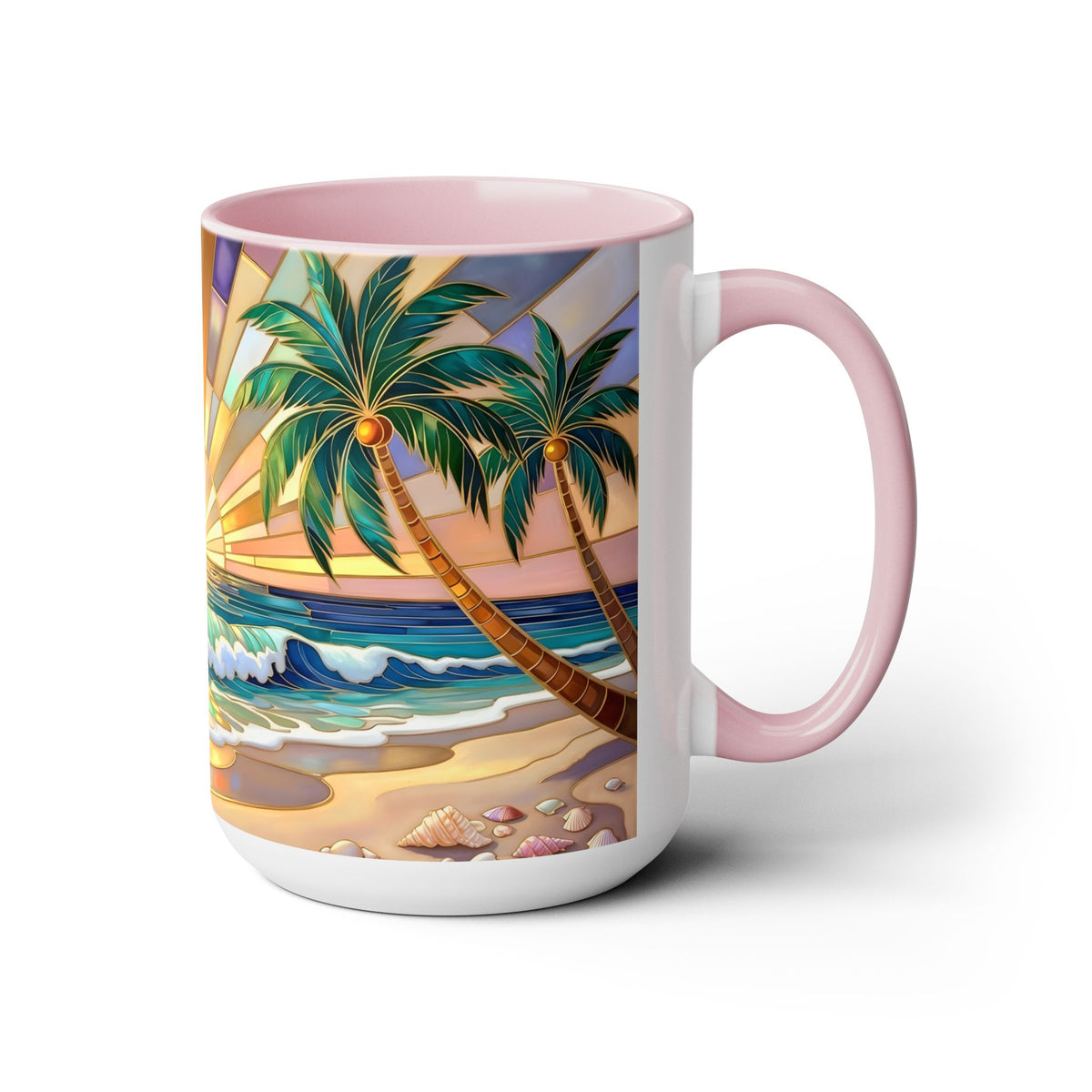 Beach Sunrise Stained Glass Style Mug, Coastal Ocean Coffee Cup, Sunrise Sea Mug, Beach Lover Cup 15oz
