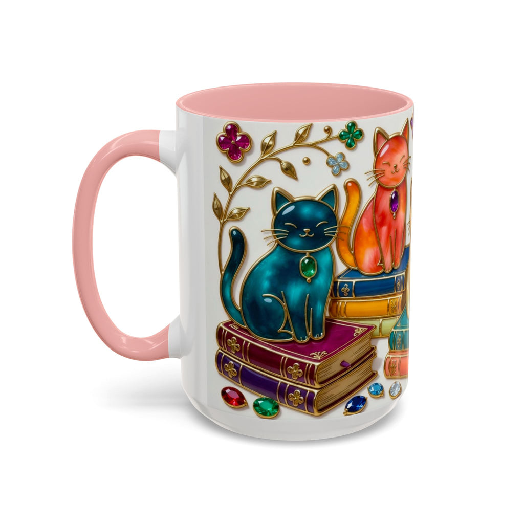 Stained Glass Style Cats Mug, Bookish Cat Art Mug, Jewel Tone Fantasy Cats Cup, Book Lover Mug 15oz