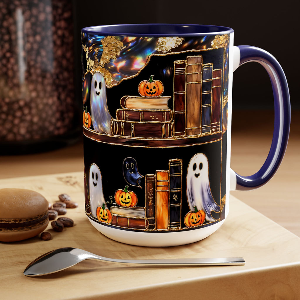 Halloween Ghost Bookshelf Mug, Cute Ghost Coffee Mug, Book Lover Gift, Spooky Books Mug, Fall Mug, Gothic Library Cup, Dark Academia Mug