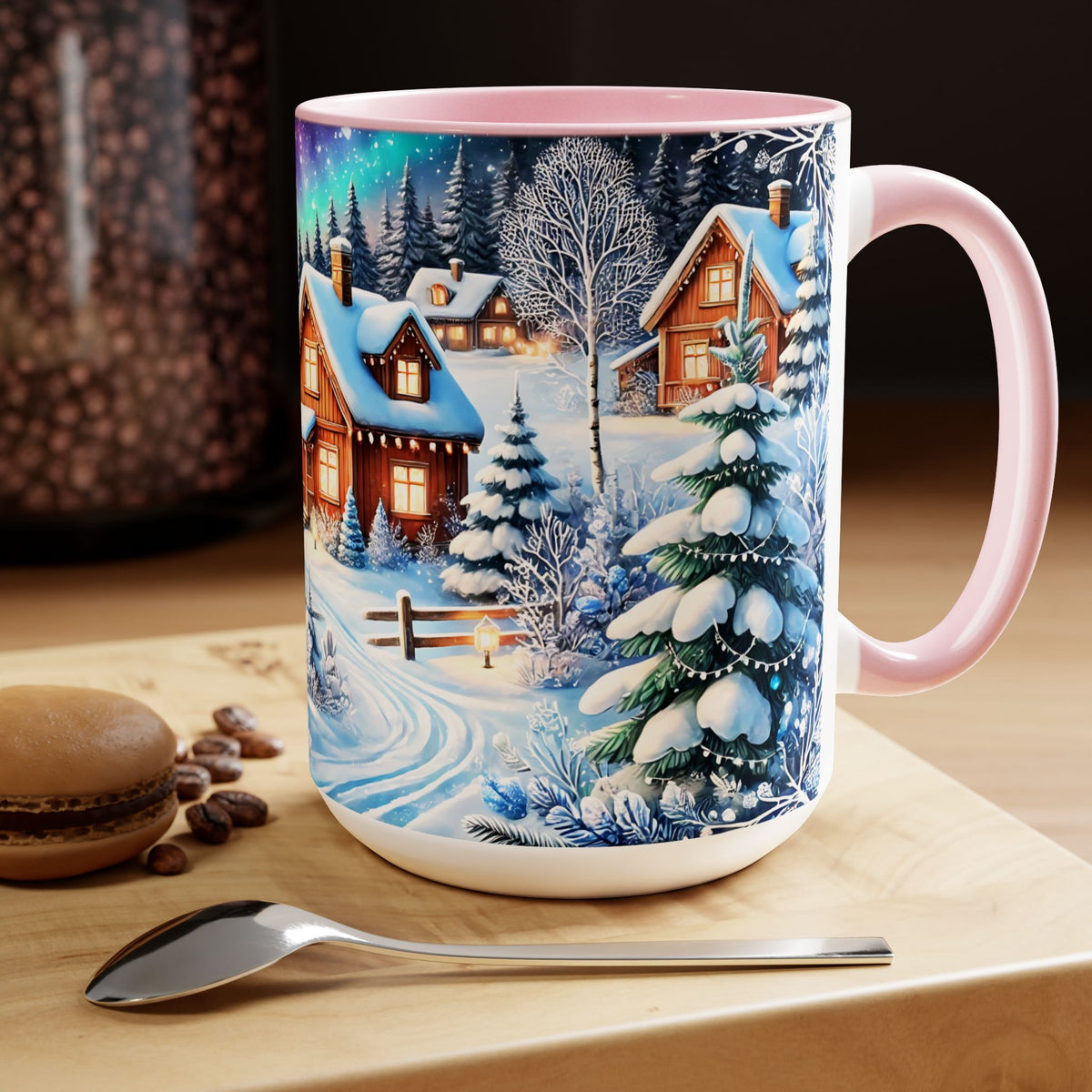 Christmas Mug, Christmas Nordic Village Mug, Christmas Cabin Mug, Aurora Winter Mug, Unique Christmas Gift, Big Mug, Vintage Style Mug 15oz