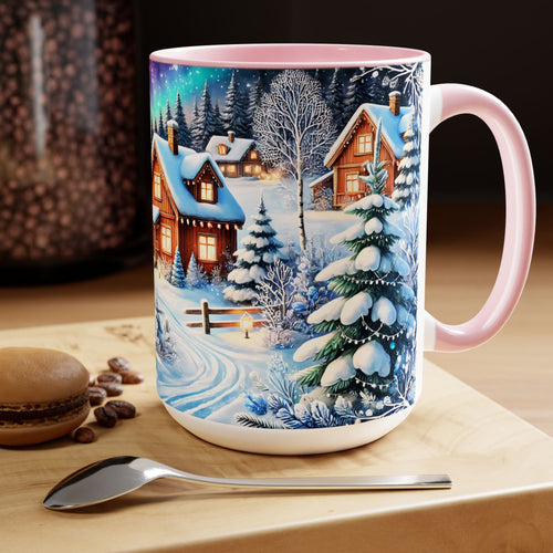 Christmas Mug, Christmas Nordic Village Mug, Christmas Cabin Mug, Aurora Winter Mug, Unique Christmas Gift, Big Mug, Vintage Style Mug 15oz