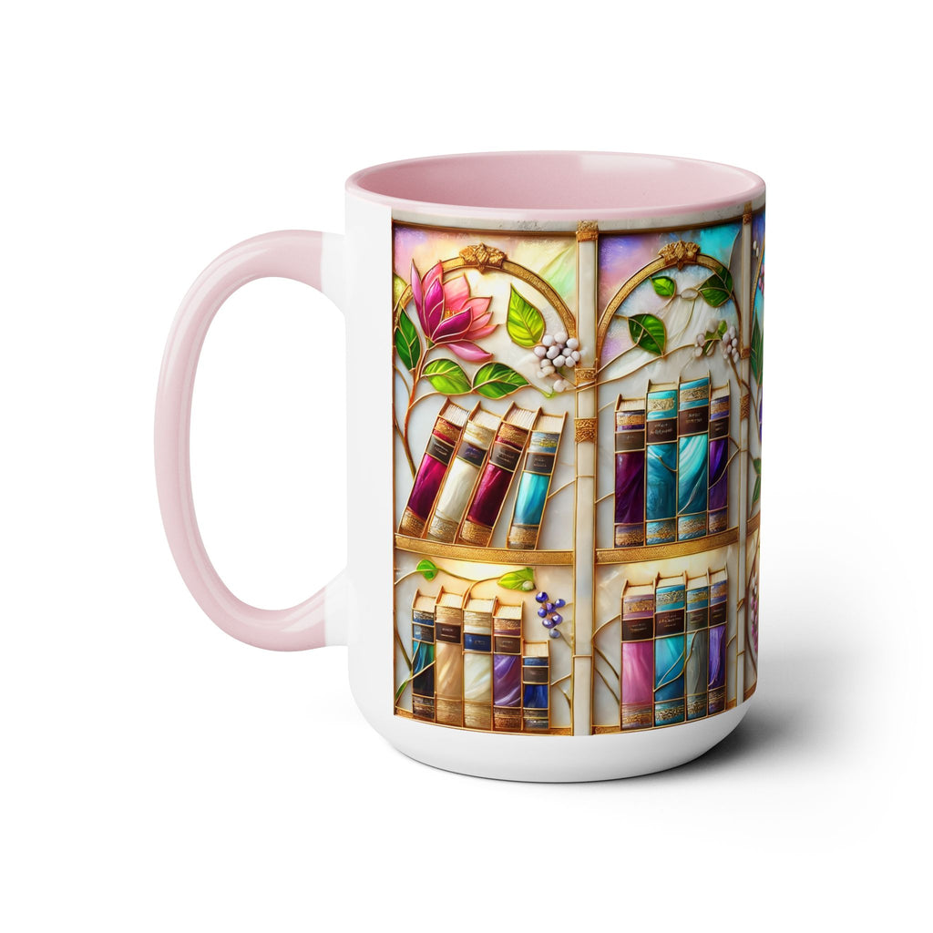 Floral Bookshelf Coffee Mug, Bookish Stained-Glass Style Ceramic Mug, Book Lover Gift 15oz