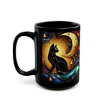 Black Cat Mug, Crescent Moon Halloween Cat Mug, Stained Galss Style Halloween Cat Mug, Dark Academia Witchy Stained Glass Cat Moon Cup 15oz