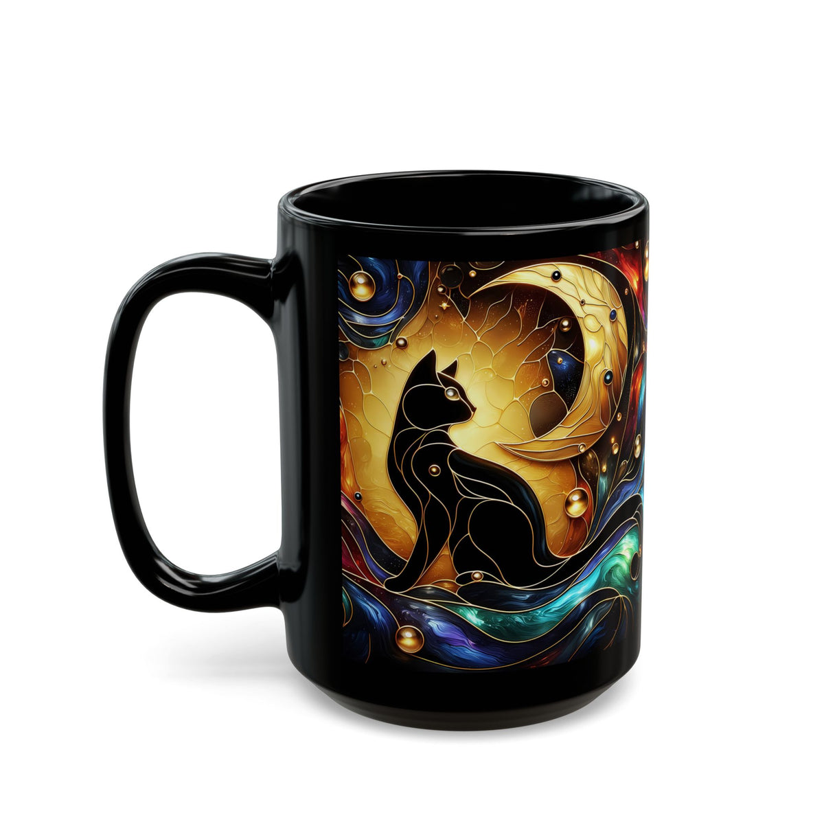 Black Cat Mug, Crescent Moon Halloween Cat Mug, Stained Galss Style Halloween Cat Mug, Dark Academia Witchy Stained Glass Cat Moon Cup 15oz