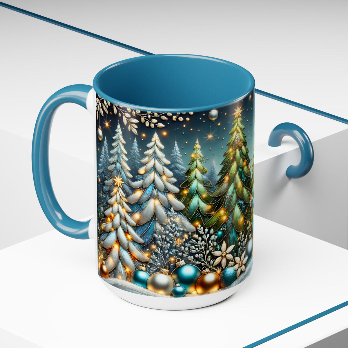 Christmas Mug, Pine Forest Mug, Stained Glass Style Coffee Cup, Winter Evergreen Tree Mug, Nature Lover Christmas Gift 15oz