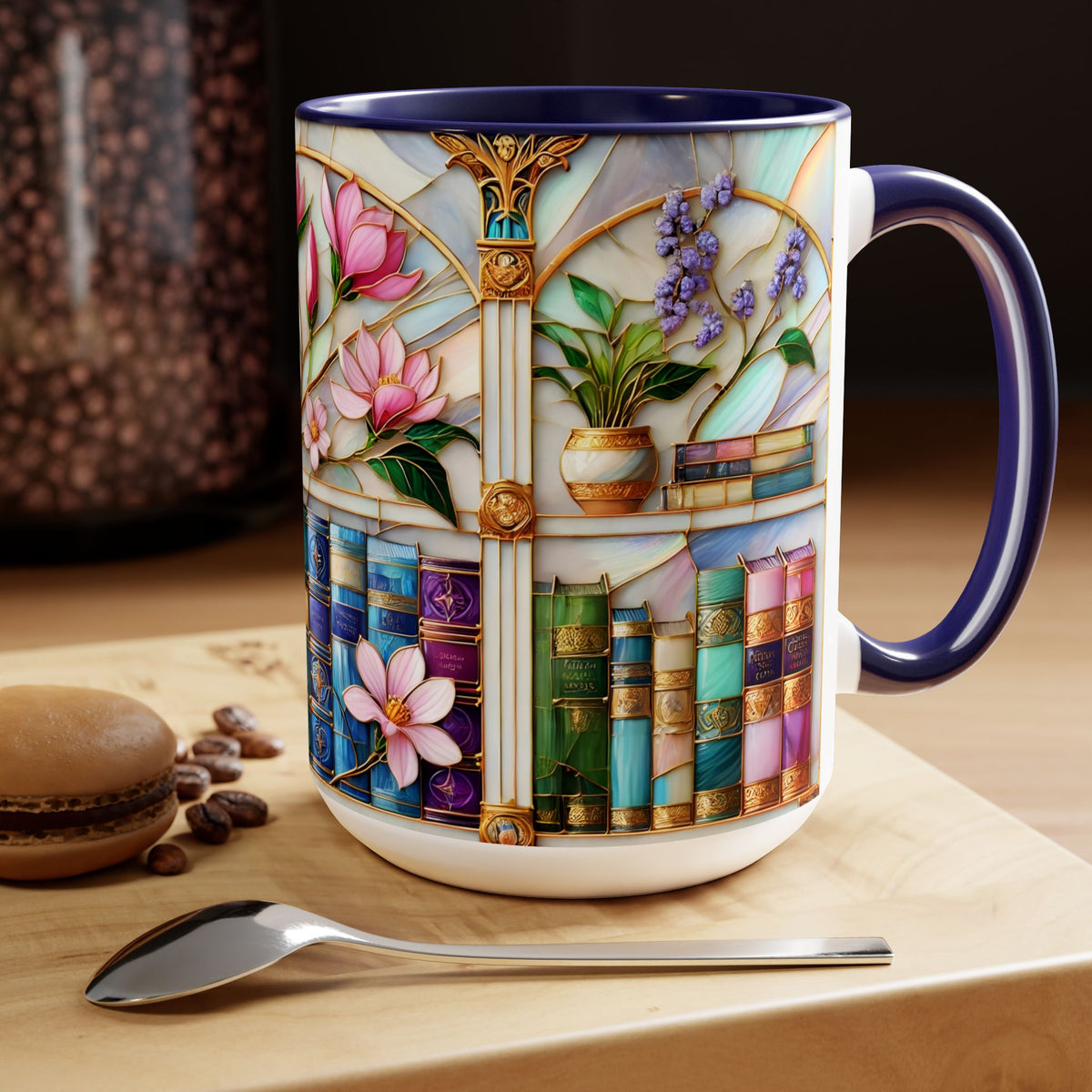 Floral Bookshelf Coffee Mug, Bookish Stained-Glass Style Mug, Book Lover Gift, Reading Mug for Women, Library Aesthetic Cup 15oz