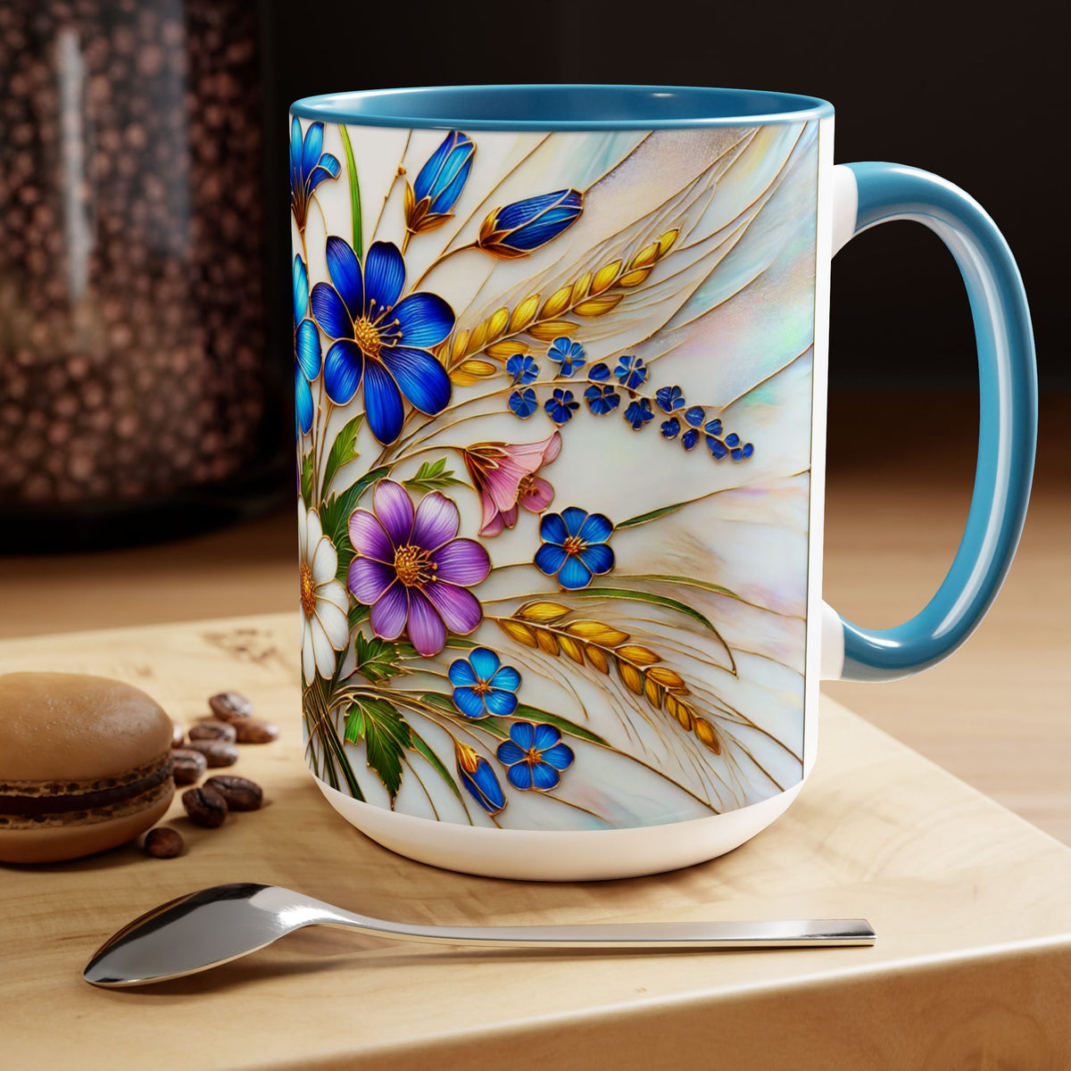 Blue Wildflower Mug, Stained Glass Style Floral Coffee Cup 15oz