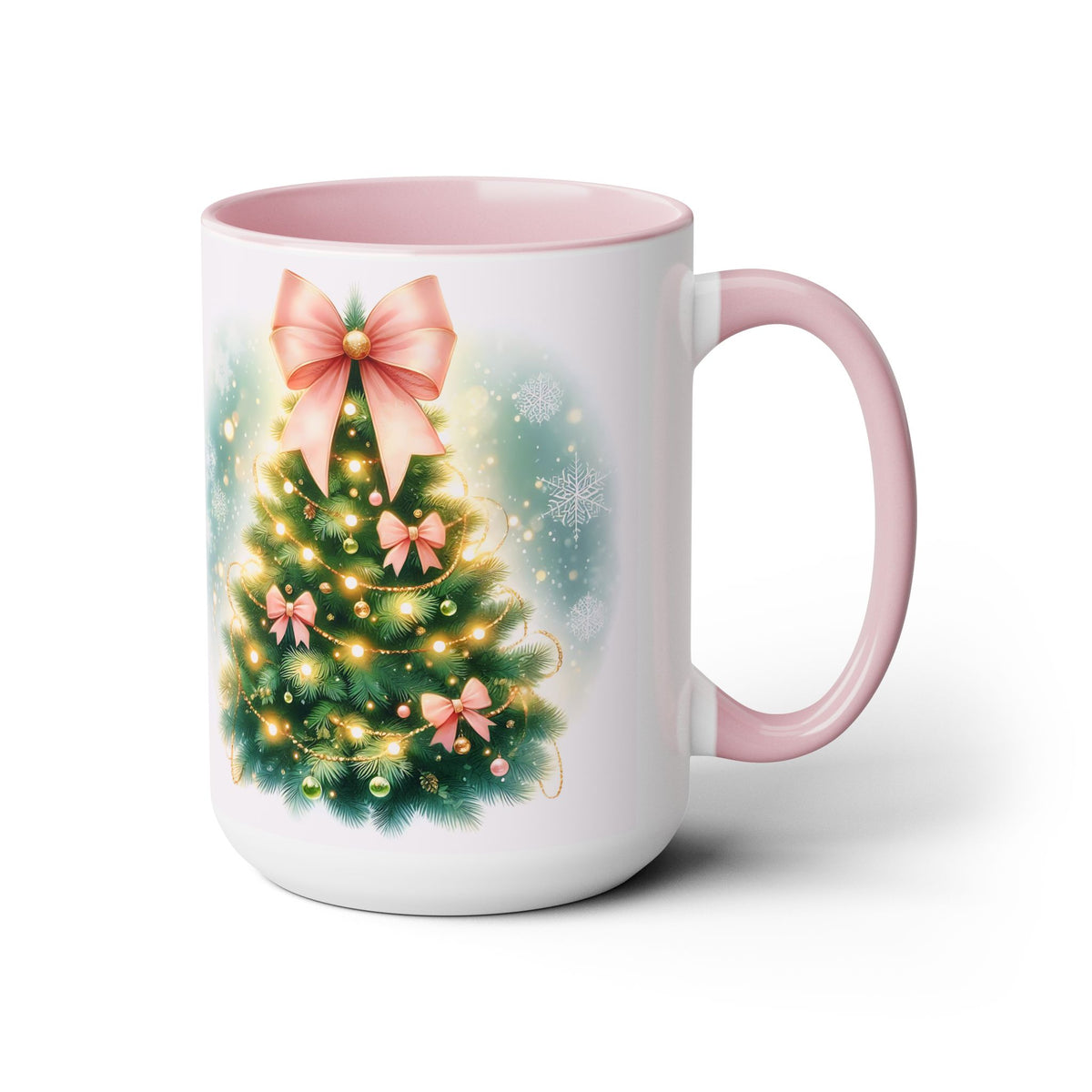 Christmas Tree Mug, Winter Tree Bow Mug, Holiday Mug, Aesthetic Pink Tree Mug, Christmas Coquette Mug, Holiday Mug, Pink Winter Mug 15oz