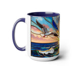 Lighthouse Sunset Mug, Coastal Stained Glass Style Coffee Cup, Nautical Coffee Mug 15oz