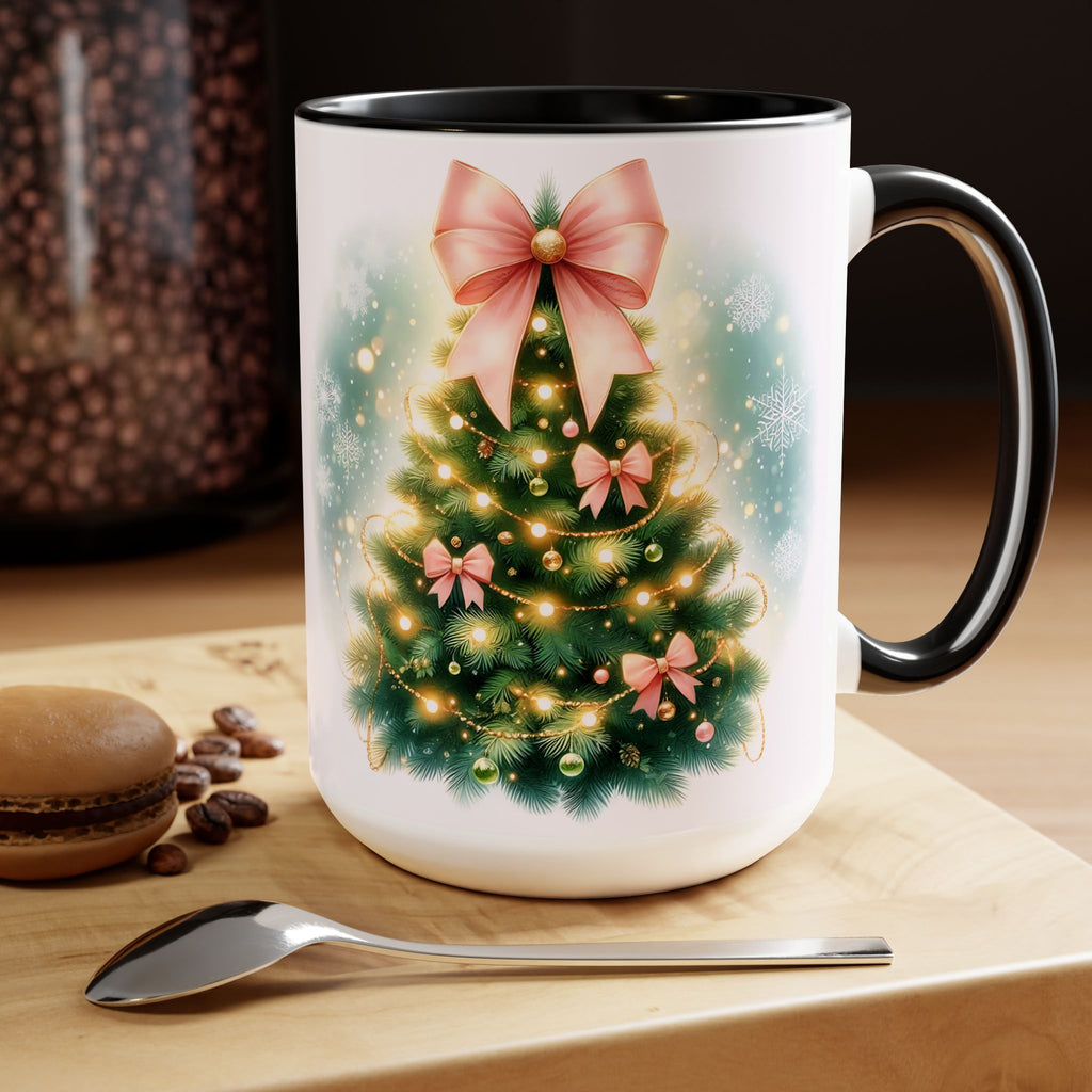 Christmas Tree Mug, Winter Tree Bow Mug, Holiday Mug, Aesthetic Pink Tree Mug, Christmas Coquette Mug, Holiday Mug, Pink Winter Mug 15oz