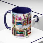 Floral Bookshelf Mug for Book Lovers, Bookish Library Coffee Cup, Black Ceramic 15oz, Stained Glass Style Design