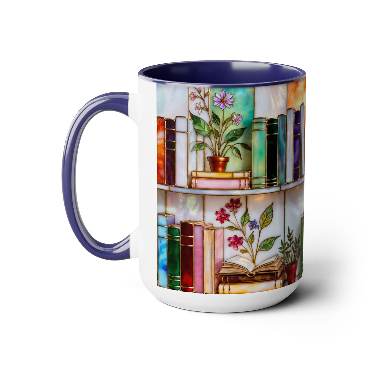 Floral Bookshelf Coffee Mug, Bookish Stained-Glass Style Mug, Book Lover Gift, Library Aesthetic Cup, Teacher Gift, Reading Mug 15oz
